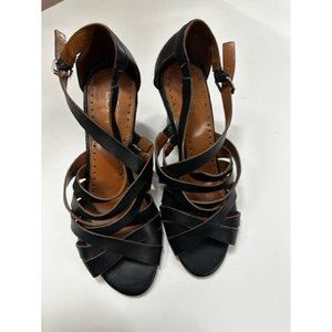 Ann Taylor Loft Women's Black Leather Strappy Chunky Cone Heel Sandals Size 7